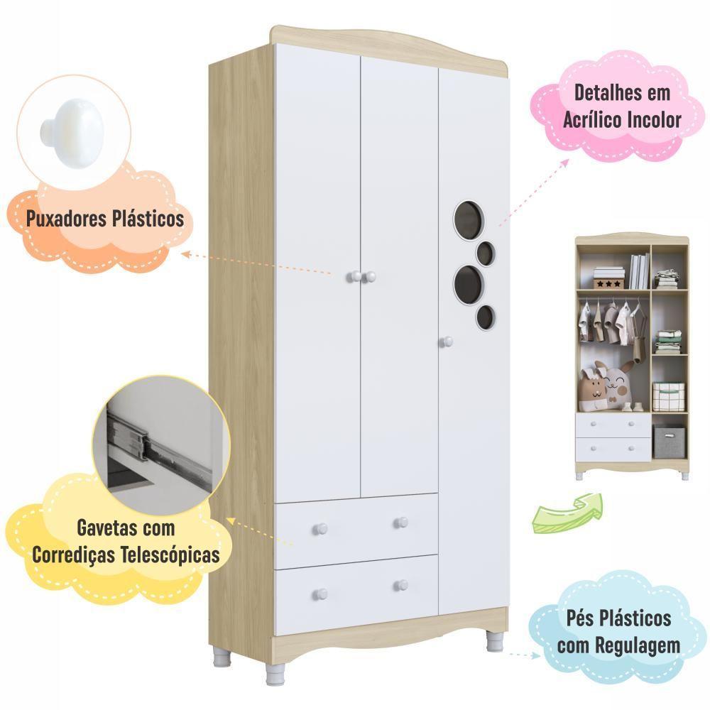 Guarda-roupa Infantil 3 Portas E 2 Gavetas Com Nichos E Cabideiro Para Quarto De Bebê Carvalho Araguaia - 6