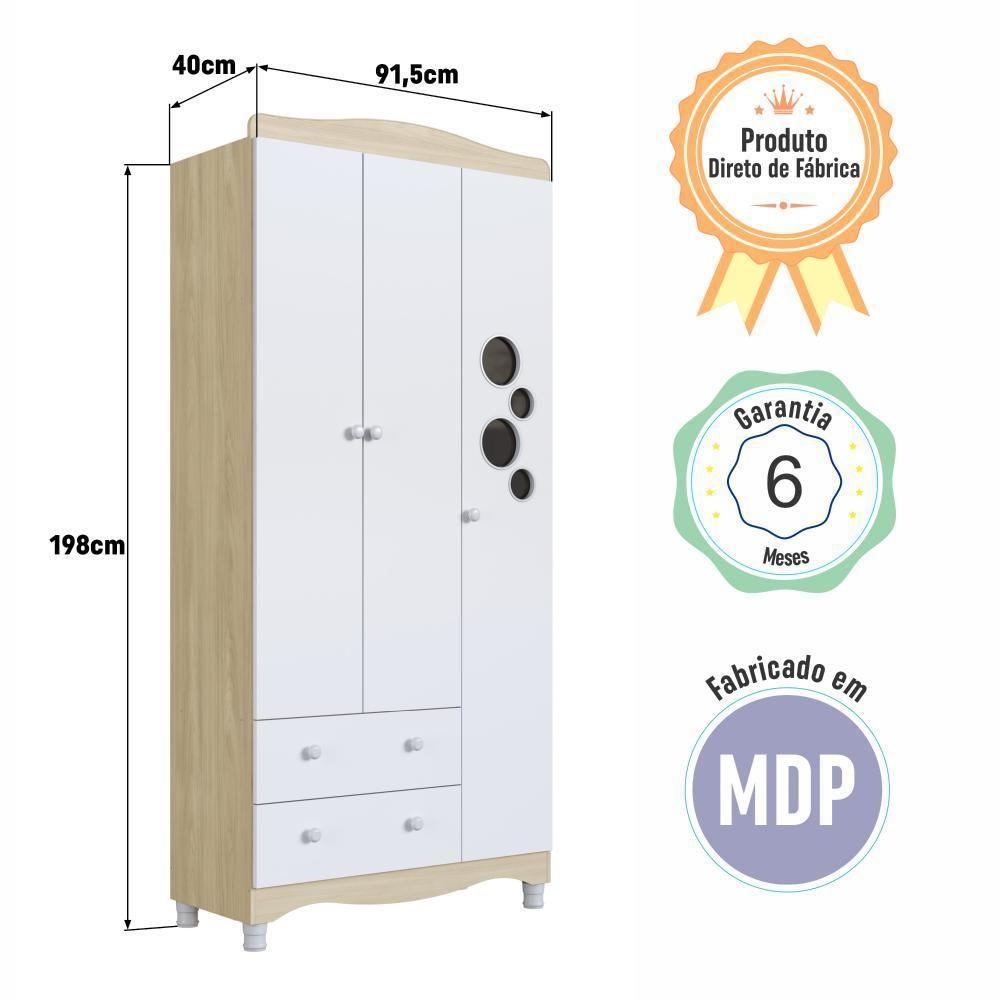 Guarda-roupa Infantil 3 Portas E 2 Gavetas Com Nichos E Cabideiro Para Quarto De Bebê Carvalho Araguaia - 7