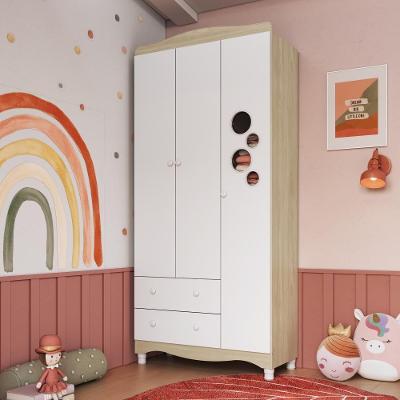 Guarda-roupa Infantil 3 Portas E 2 Gavetas Com Nichos E Cabideiro Para Quarto De Bebê Carvalho Araguaia