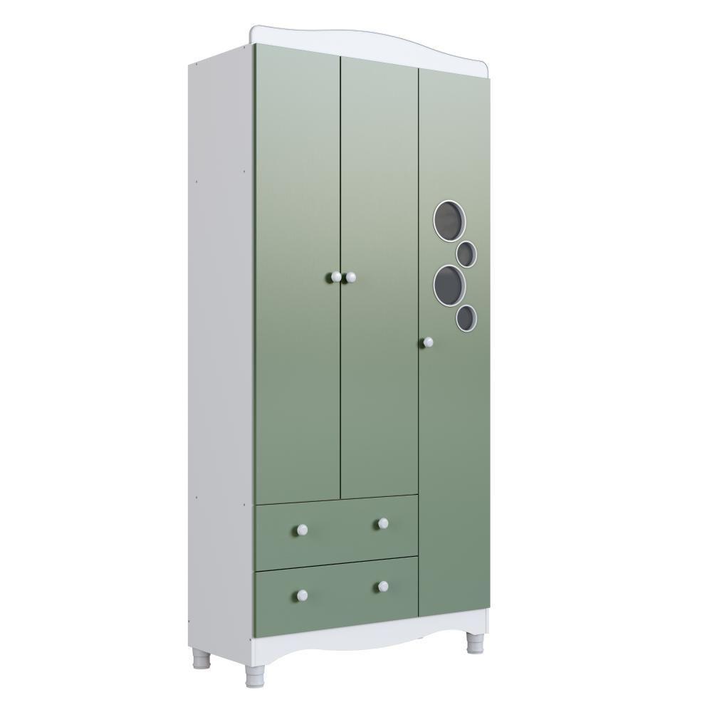 Guarda-roupa Infantil 3 Portas E 2 Gavetas Com Nichos E Cabideiro Para Quarto De Bebê Branco Com Verde - 2