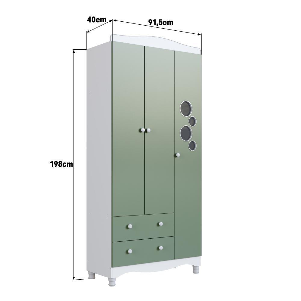 Guarda-roupa Infantil 3 Portas E 2 Gavetas Com Nichos E Cabideiro Para Quarto De Bebê Branco Com Verde - 3