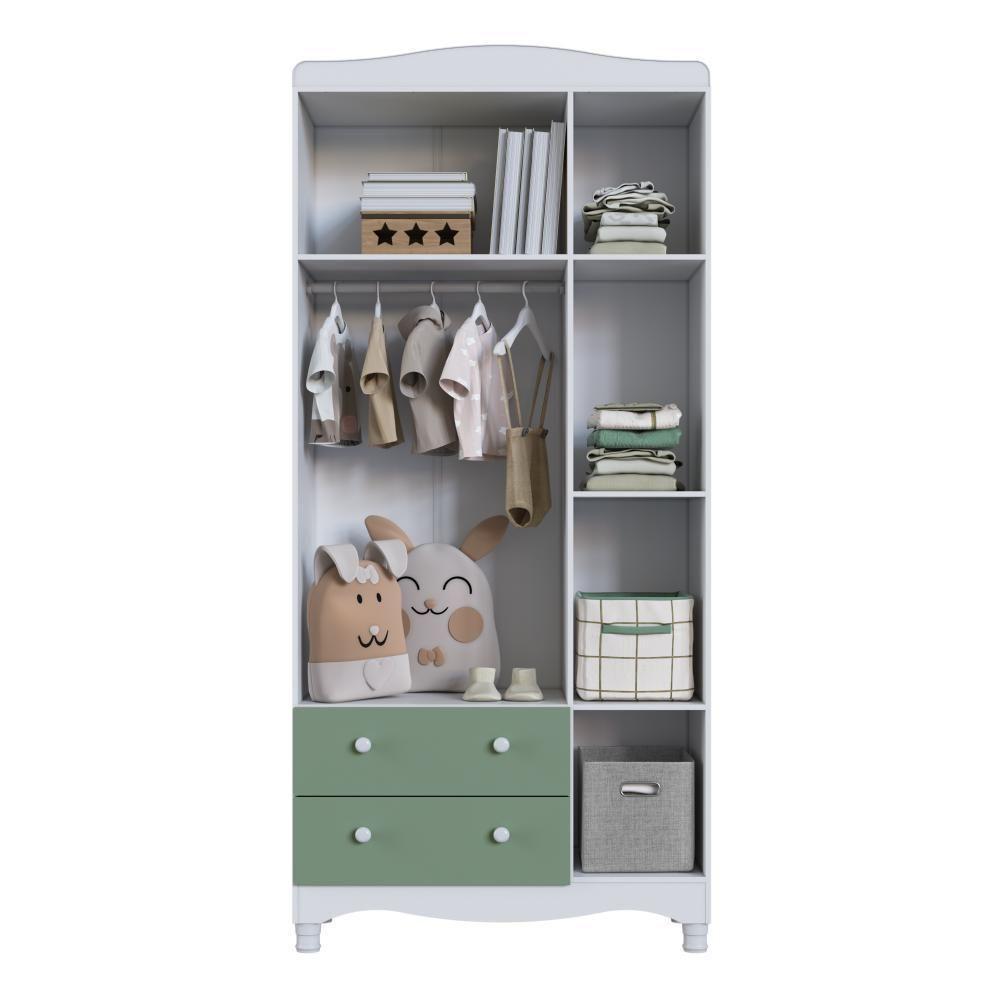 Guarda-roupa Infantil 3 Portas E 2 Gavetas Com Nichos E Cabideiro Para Quarto De Bebê Branco Com Verde - 4