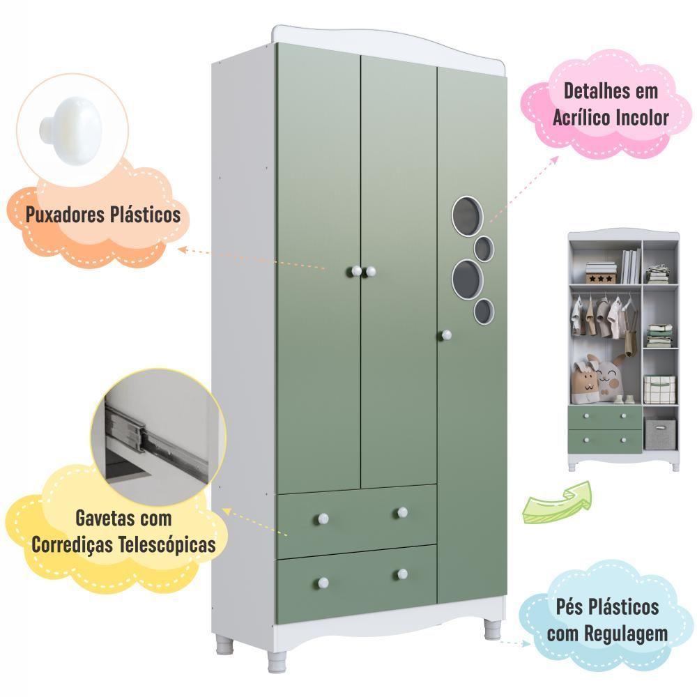 Guarda-roupa Infantil 3 Portas E 2 Gavetas Com Nichos E Cabideiro Para Quarto De Bebê Branco Com Verde - 6