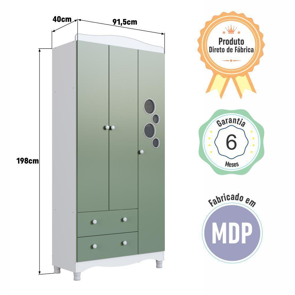 Guarda-roupa Infantil 3 Portas E 2 Gavetas Com Nichos E Cabideiro Para Quarto De Bebê Branco Com Verde - 7