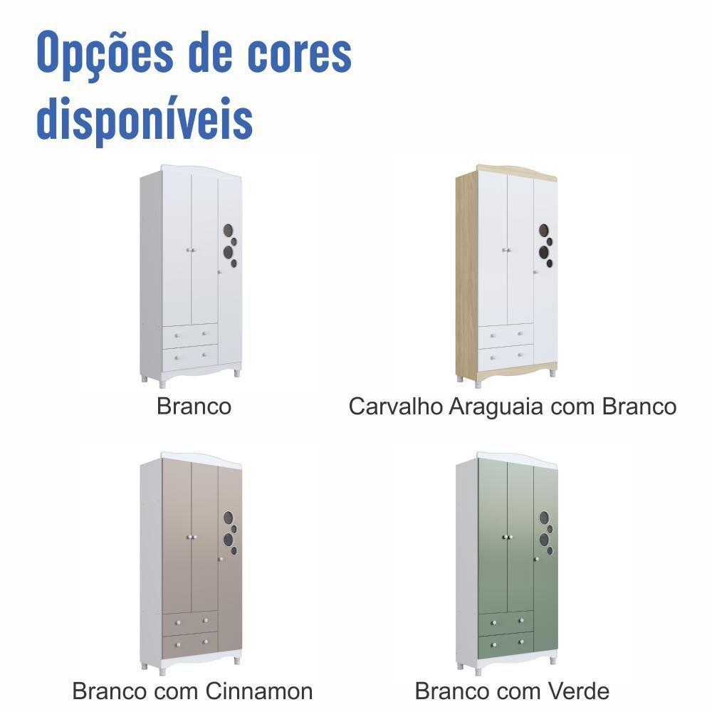 Guarda-roupa Infantil 3 Portas E 2 Gavetas Com Nichos E Cabideiro Para Quarto De Bebê Branco Com Verde - 8