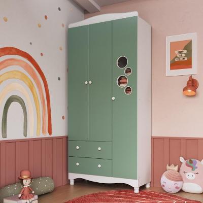 Guarda-roupa Infantil 3 Portas E 2 Gavetas Com Nichos E Cabideiro Para Quarto De Bebê Branco Com Verde