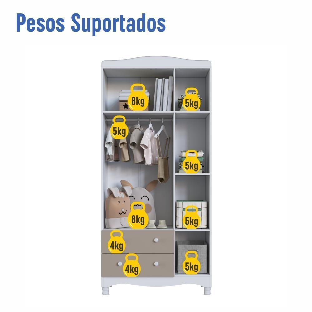 Guarda-roupa Infantil 3 Portas E 2 Gavetas Com Nichos E Cabideiro Para Quarto De Bebê Branco Com Cinnamon - 5
