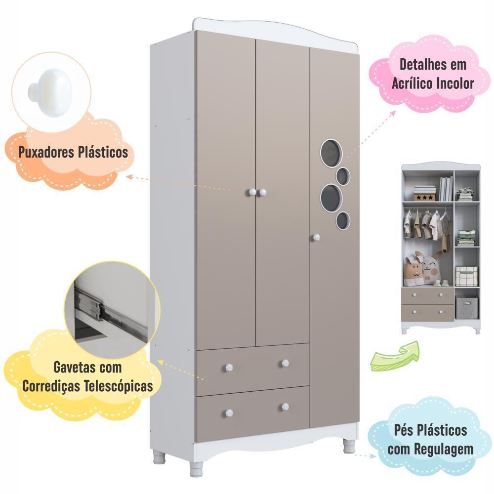 Guarda-roupa Infantil 3 Portas E 2 Gavetas Com Nichos E Cabideiro Para Quarto De Bebê Branco Com Cinnamon - 6