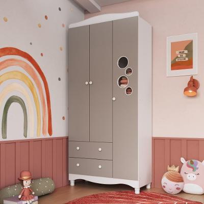 Guarda-roupa Infantil 3 Portas E 2 Gavetas Com Nichos E Cabideiro Para Quarto De Bebê Branco Com Cinnamon