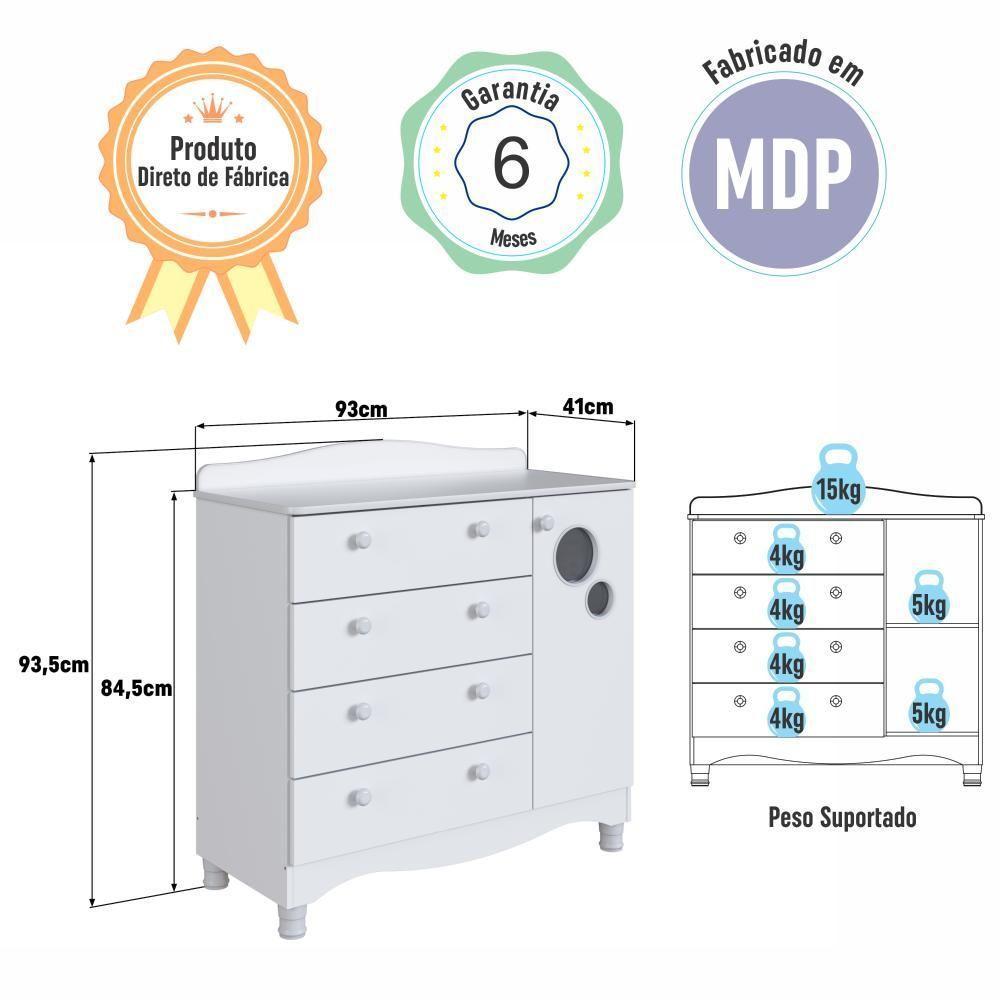 Cômoda Infantil Organizadora 4 Gavetas Grande E 1 Porta Com Prateleira E Trocador Para Quarto De Bebê Branco - 5