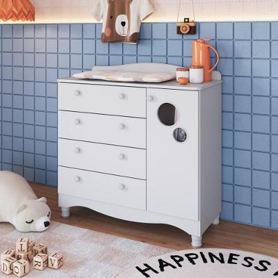 Cômoda Infantil Organizadora 4 Gavetas Grande E 1 Porta Com Prateleira E Trocador Para Quarto De Bebê Branco