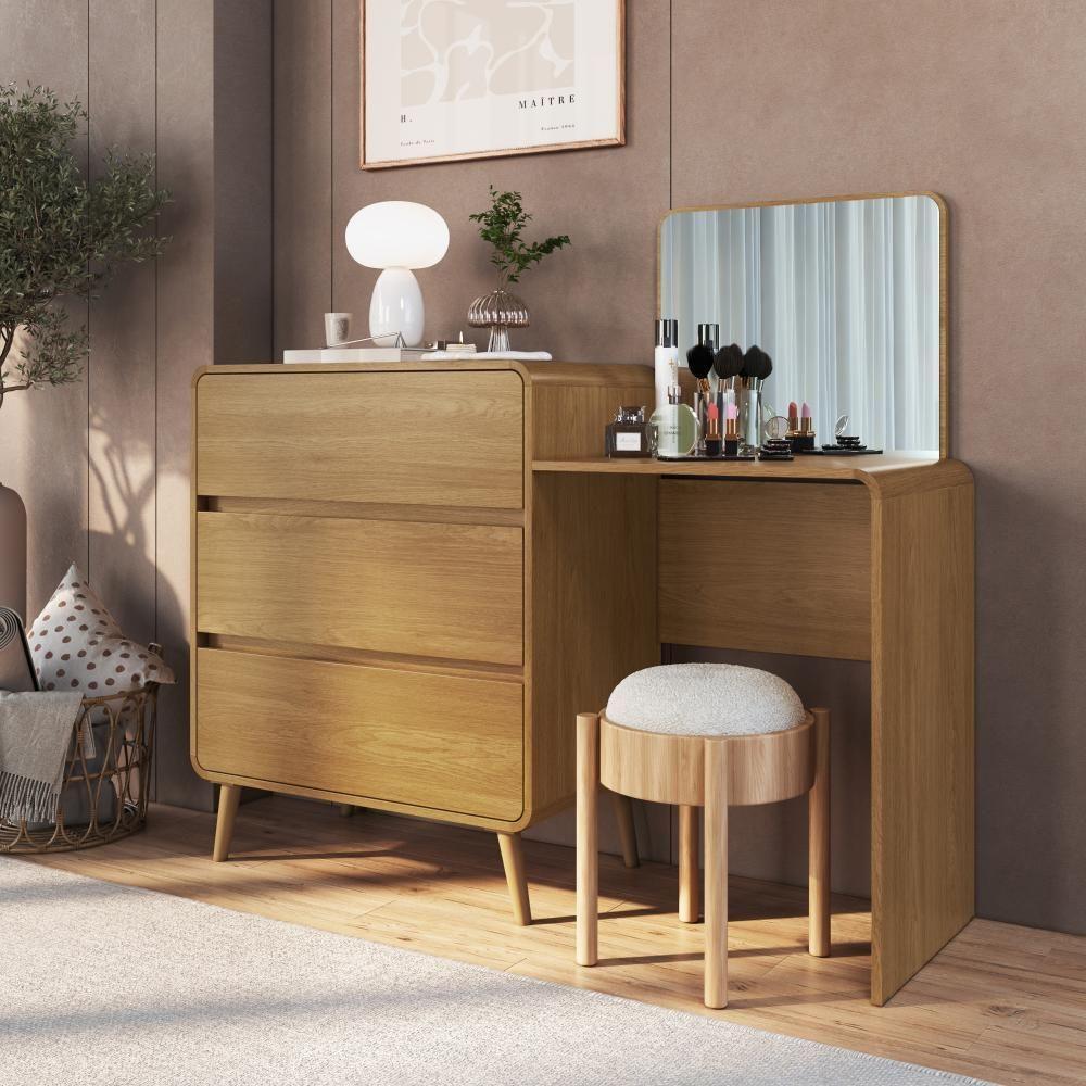 Cômoda Penteadeira Multifuncional Com Espelho E 3 Gavetas Grande Para Quarto Estilo Retrô Carvalho Xingu - 1