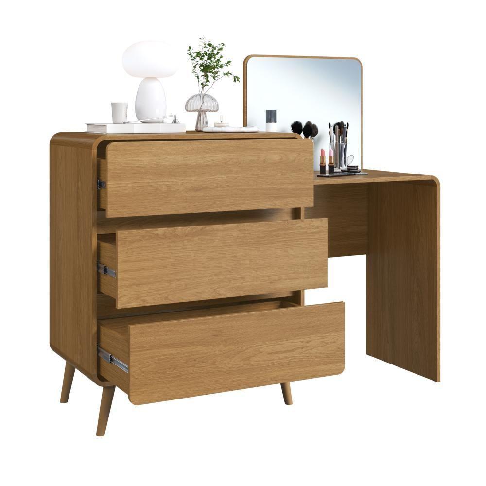 Cômoda Penteadeira Multifuncional Com Espelho E 3 Gavetas Grande Para Quarto Estilo Retrô Carvalho Xingu - 3