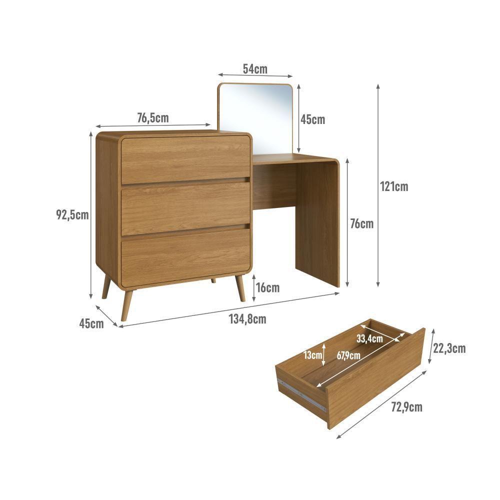 Cômoda Penteadeira Multifuncional Com Espelho E 3 Gavetas Grande Para Quarto Estilo Retrô Carvalho Xingu - 4