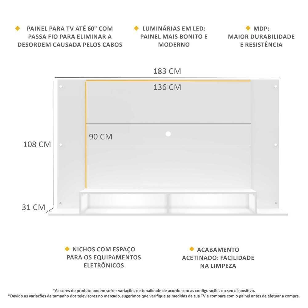Painel Com 2 Leds Para Tv Até 60" Multimóveis Veneza Fg3397 Branco - 6