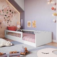 Cama Infantil De Chão Com Colchão Montessoriana De Solteiro Para Menino E Menina Com Grade De Proteção Lateral Branco - 1