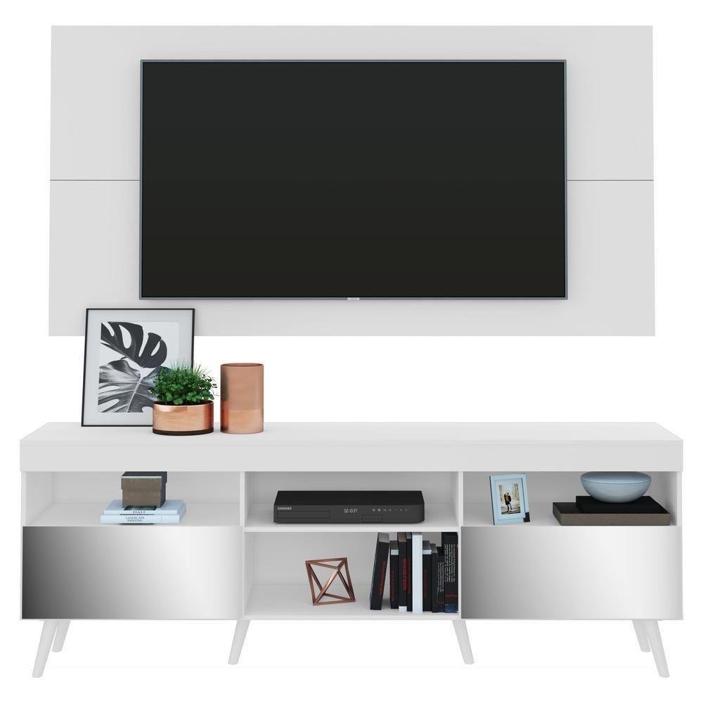 Rack Com Painel E Suporte Tv 65" Retrô Com Espelho Flórida Multimóveis V3142 Branco Branco - 1