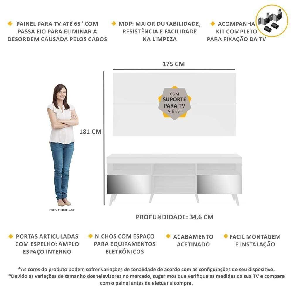 Rack Com Painel E Suporte Tv 65" Retrô Com Espelho Flórida Multimóveis V3142 Branco Branco - 6