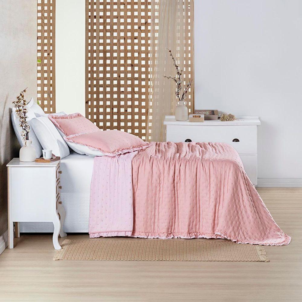 Kit Cobre Leito Colcha Vitta King Matelado C/ Babadinhos 200 Fios 3 Peças Rosa - 100% Poliéster - 4