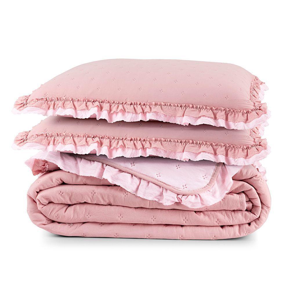 Kit Cobre Leito Colcha Vitta King Matelado C/ Babadinhos 200 Fios 3 Peças Rosa - 100% Poliéster - 8