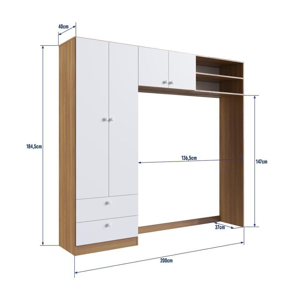 Guarda-roupa Infantil 4 Portas E 2 Gavetas Com Nichos, Prateleira E Cabideiro Para Quarto De Bebê Nogal Com Branco - 3