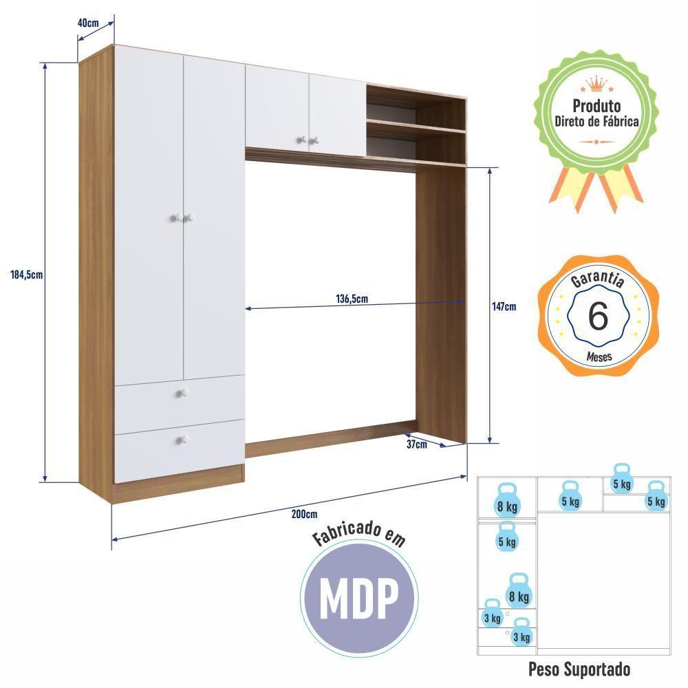 Guarda-roupa Infantil 4 Portas E 2 Gavetas Com Nichos, Prateleira E Cabideiro Para Quarto De Bebê Nogal Com Branco - 4