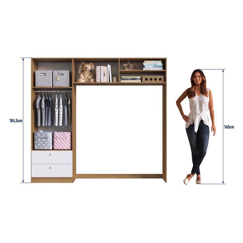 Guarda-roupa Infantil 4 Portas E 2 Gavetas Com Nichos, Prateleira E Cabideiro Para Quarto De Bebê Nogal Com Branco - 6