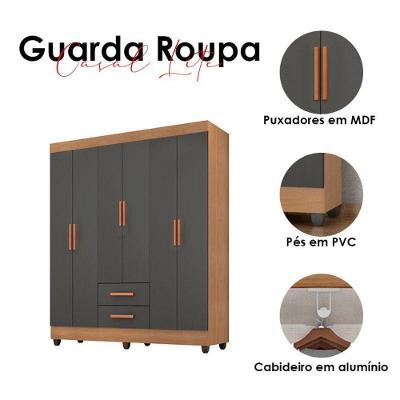 Guarda Roupa Casal Lite 6 Portas 2 Gavetas Nature- Cinza MDP Móveis Leão