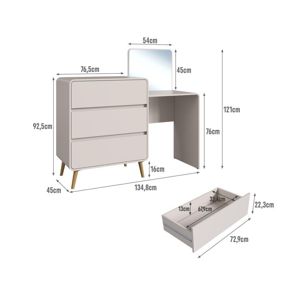 Cômoda Penteadeira Multifuncional Com Espelho E 3 Gavetas Grande Para Quarto Estilo Retrô Bege Dunas - 4