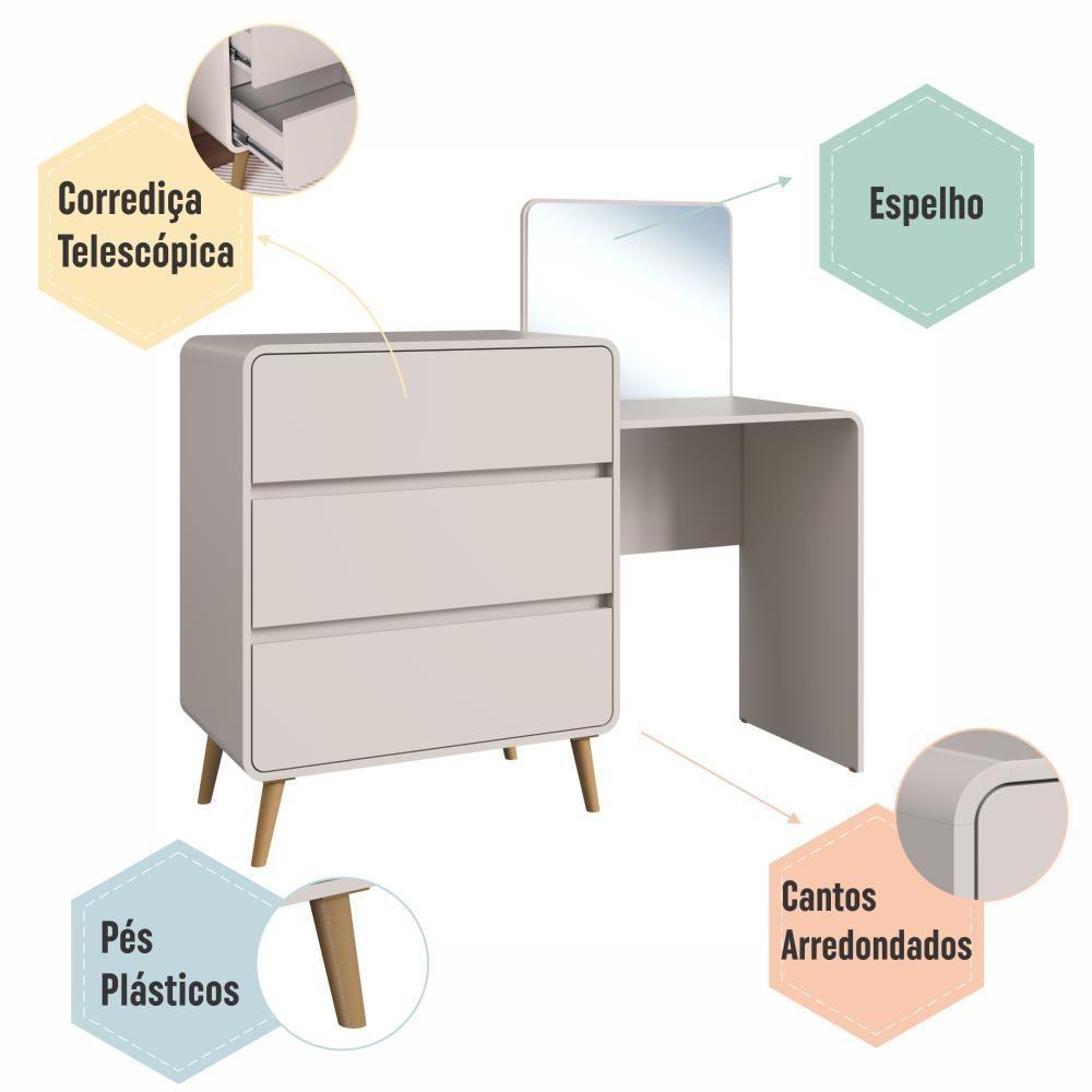 Cômoda Penteadeira Multifuncional Com Espelho E 3 Gavetas Grande Para Quarto Estilo Retrô Bege Dunas - 5