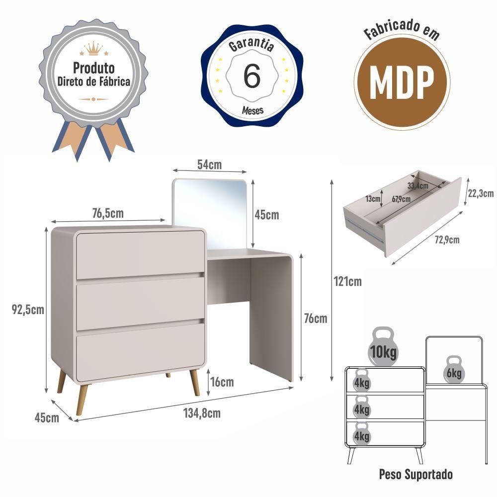 Cômoda Penteadeira Multifuncional Com Espelho E 3 Gavetas Grande Para Quarto Estilo Retrô Bege Dunas - 6