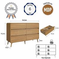 Cômoda Aparador Multiuso 6 Gavetas Estilo Retrô Moderna Para Quarto Ou Sala Carvalho Xingu - 3