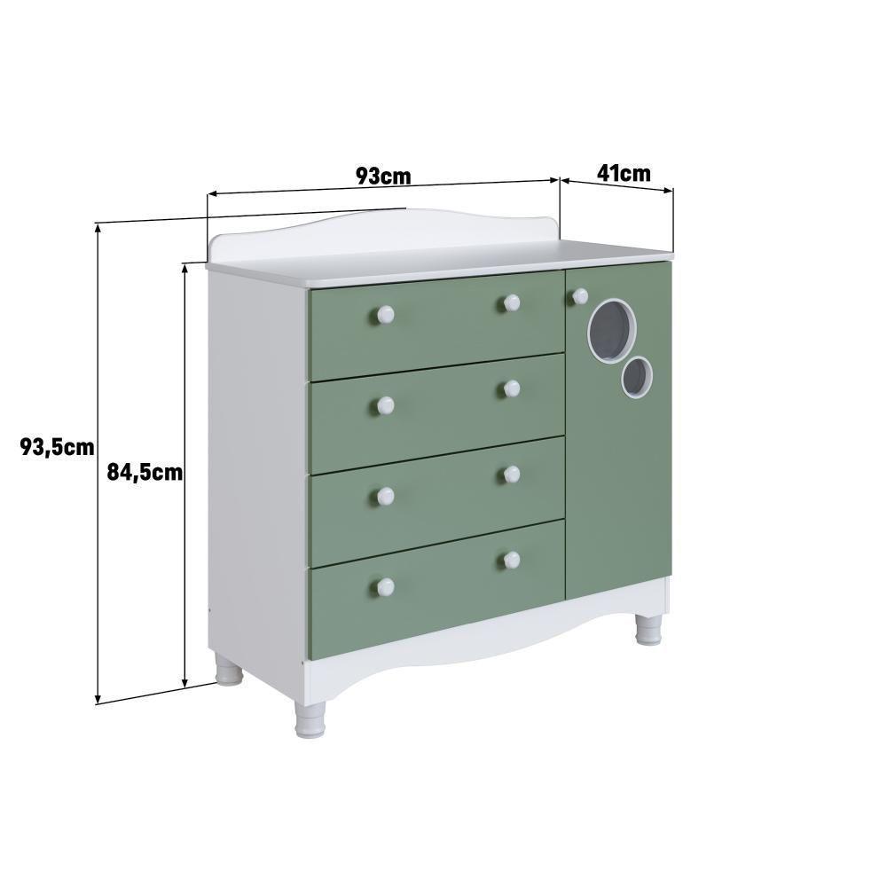 Cômoda Infantil Organizadora 4 Gavetas Grande E 1 Porta Com Prateleira E Trocador Para Quarto De Bebê Branco Com Verde - 4