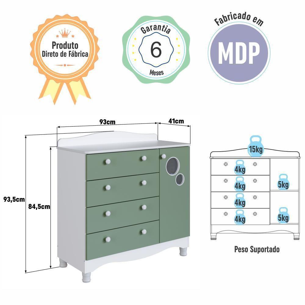 Cômoda Infantil Organizadora 4 Gavetas Grande E 1 Porta Com Prateleira E Trocador Para Quarto De Bebê Branco Com Verde - 5