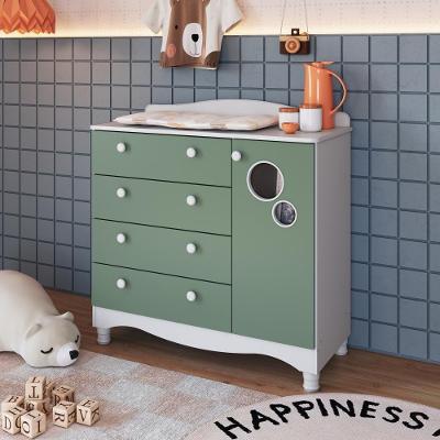 Cômoda Infantil Linha Vintage 4 Gavetas MDP Puxador Plástico Branco com Verde
