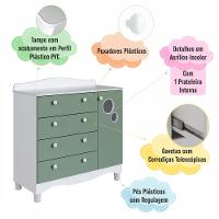 Cômoda Infantil Organizadora 4 Gavetas Grande E 1 Porta Com Prateleira E Trocador Para Quarto De Bebê Branco Com Verde - 6