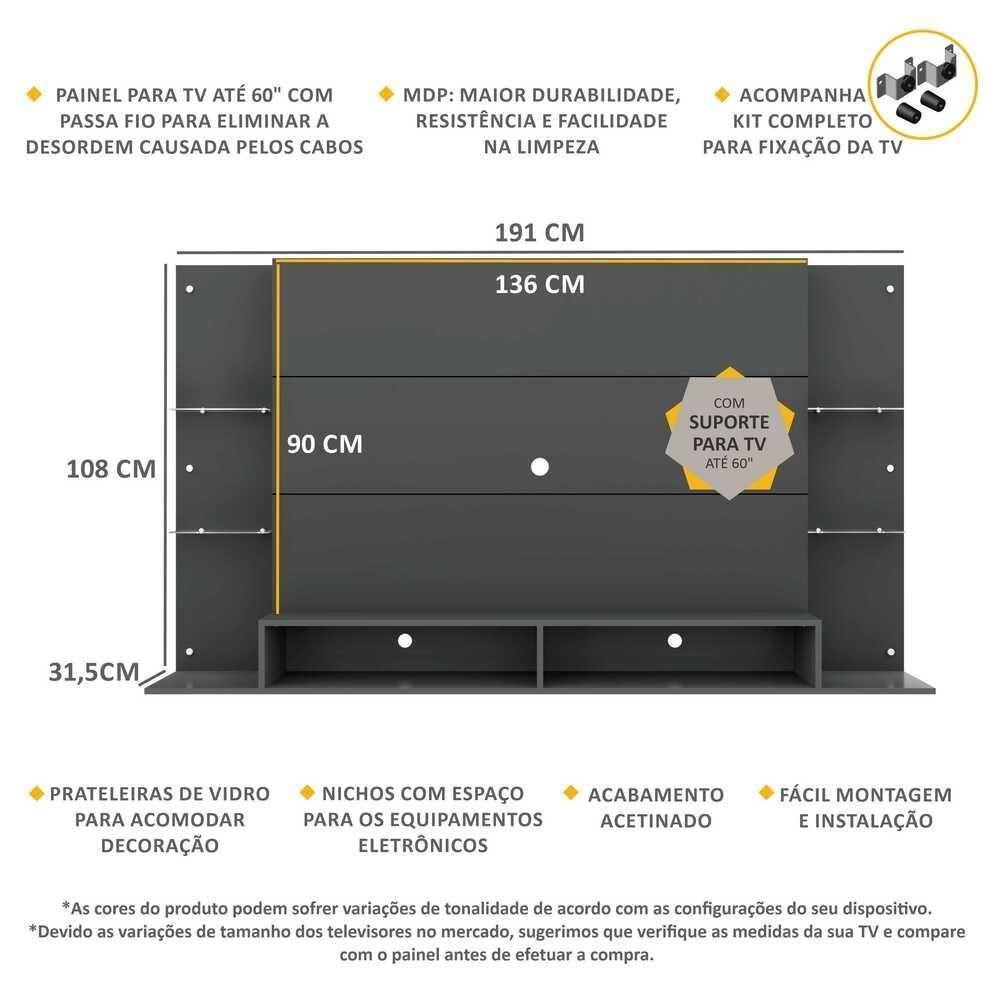 Painel Tv 60 com Suporte e Prateleiras de Vidro Grafite - 8