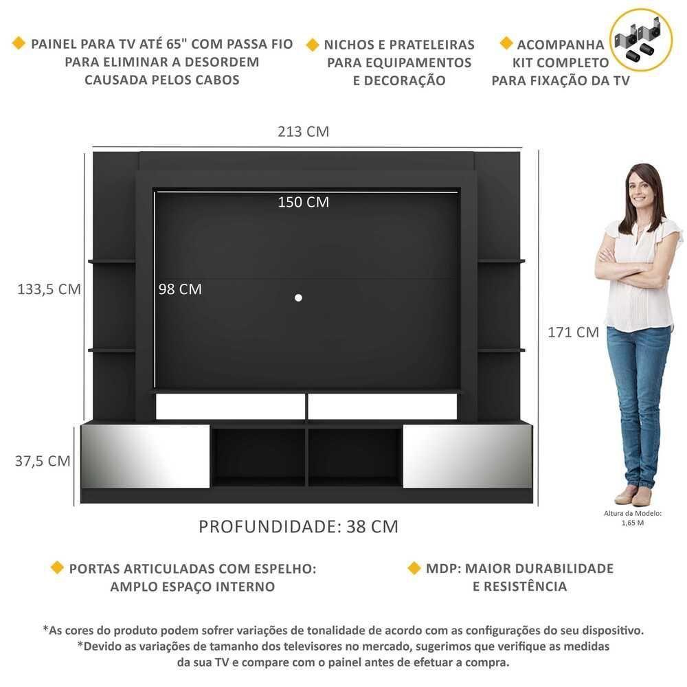 Rack com Painel Suporte Tv 65´´ com Espelho Preto/Laca Fumê - 4