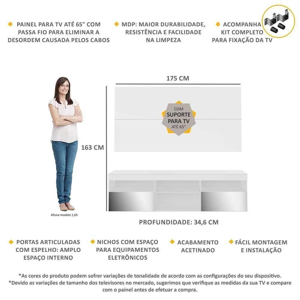 Rack Com Painel E Suporte Tv 65" Com Espelho Flórida Multimóveis V3139 Branco Branco - 6