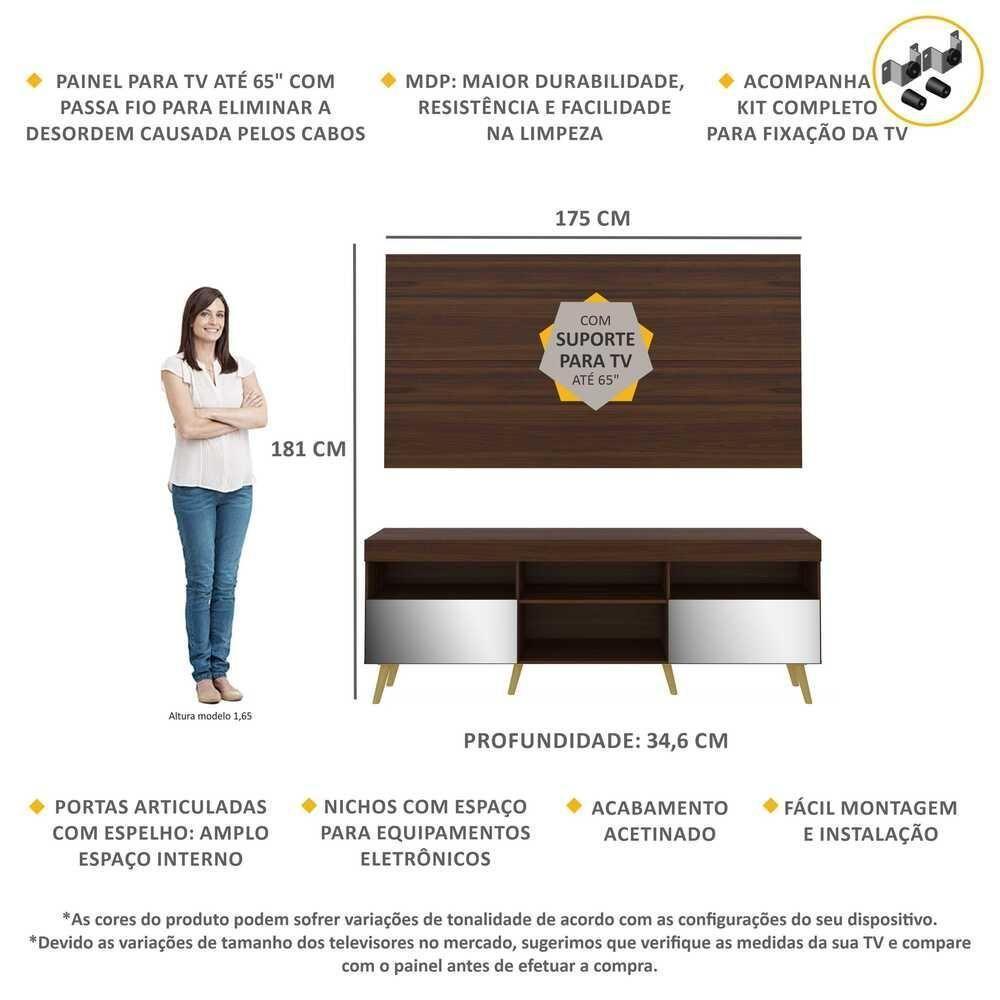 Rack Com Painel E Suporte Tv 65" Retrô Com Espelho Flórida Multimóveis V3142 Duna/Natural - 6