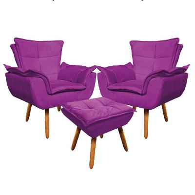 Kit 02 Poltronas Opala Com 01 Puff Opala Suede Pés Palito Castanho DRossi Roxo