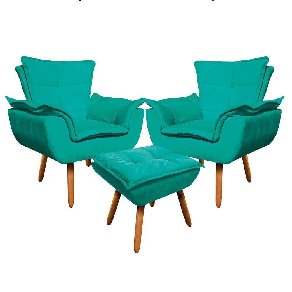 Kit 02 Poltronas Opala Com 01 Puff Opala Suede Pés Palito Castanho DRossi Verde Turquesa - 1
