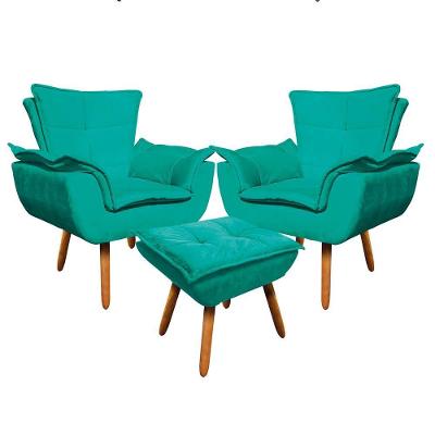 Kit 02 Poltronas Opala Com 01 Puff Opala Suede Pés Palito Castanho DRossi Verde Turquesa