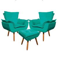 Kit 02 Poltronas Opala Com 01 Puff Opala Suede Pés Palito Castanho DRossi Verde Turquesa - 1