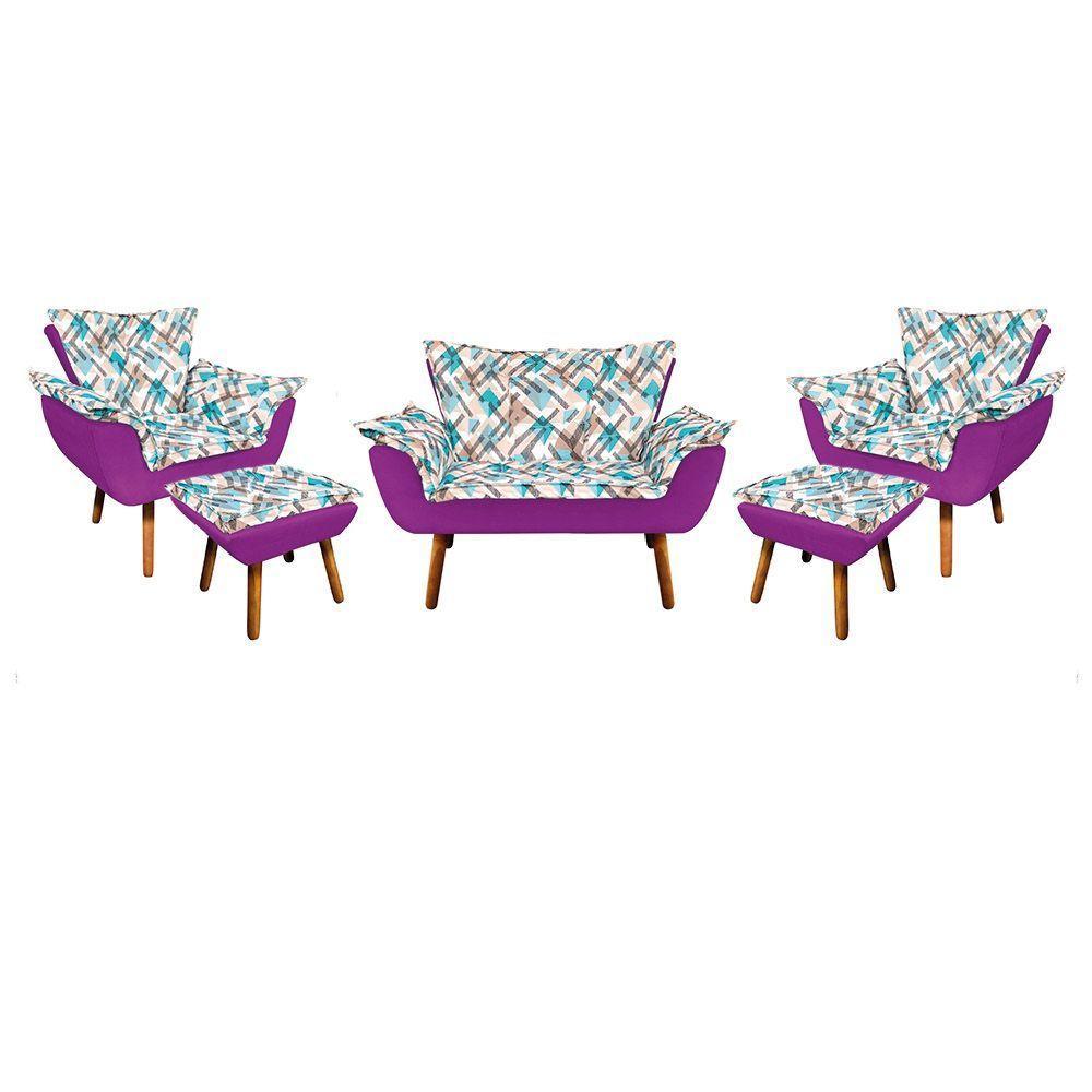 Kit 01 Namoradeira Com 02 Poltronas E 02 Puffs Opala Composê Suede Com Estampado Traçado Azul D33 Pés Palito Castanho Roxo - 1