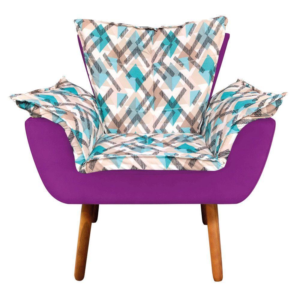 Kit 01 Namoradeira Com 02 Poltronas E 02 Puffs Opala Composê Suede Com Estampado Traçado Azul D33 Pés Palito Castanho Roxo - 5