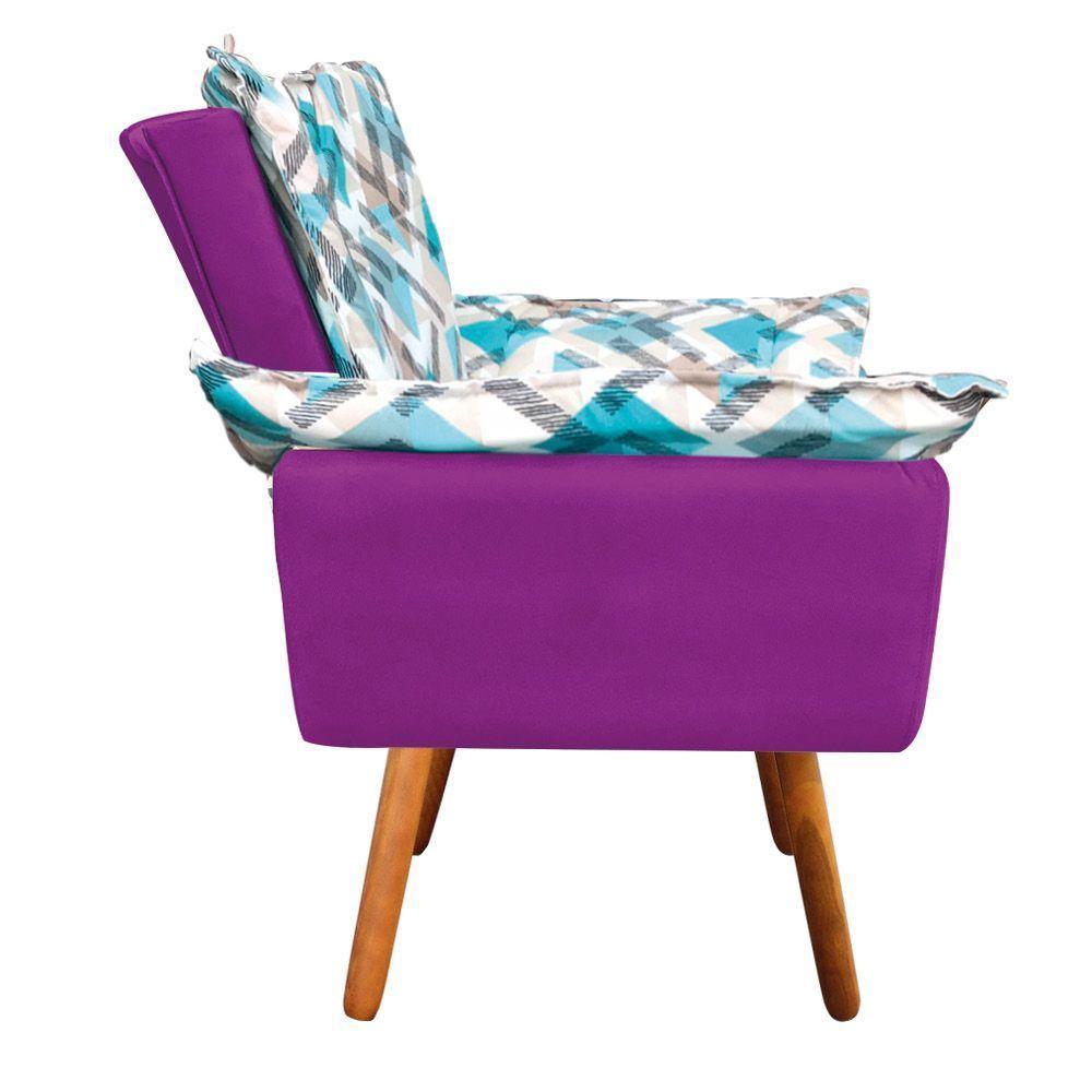 Kit 01 Namoradeira Com 02 Poltronas E 02 Puffs Opala Composê Suede Com Estampado Traçado Azul D33 Pés Palito Castanho Roxo - 6