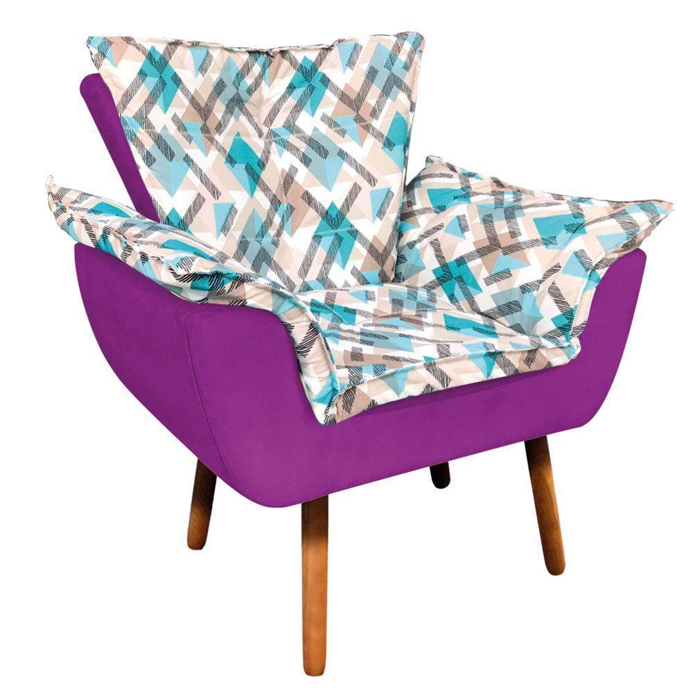 Kit 01 Namoradeira Com 02 Poltronas E 02 Puffs Opala Composê Suede Com Estampado Traçado Azul D33 Pés Palito Castanho Roxo - 7