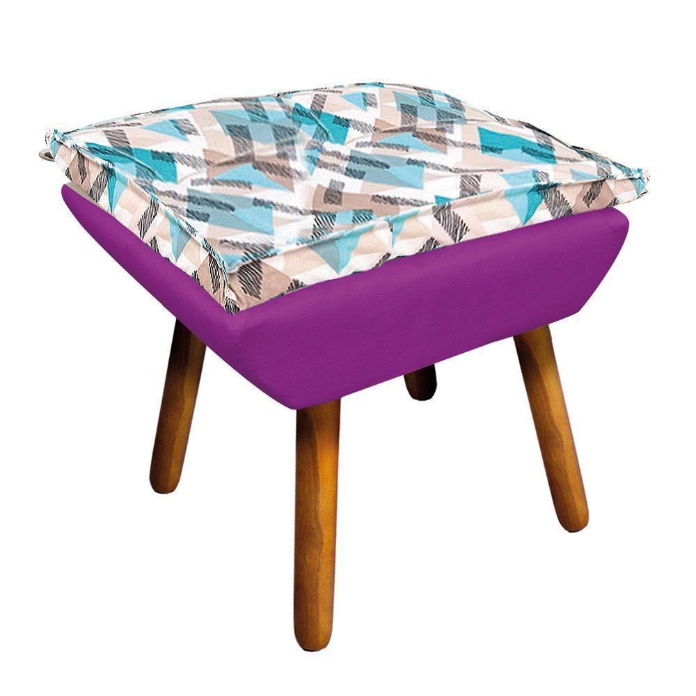 Kit 01 Namoradeira Com 02 Poltronas E 02 Puffs Opala Composê Suede Com Estampado Traçado Azul D33 Pés Palito Castanho Roxo - 9