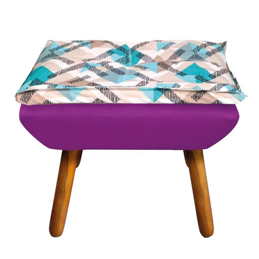 Kit 01 Namoradeira Com 02 Poltronas E 02 Puffs Opala Composê Suede Com Estampado Traçado Azul D33 Pés Palito Castanho Roxo - 10